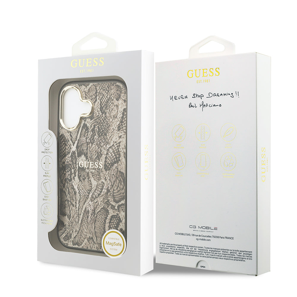 Apple iPhone 17 Kılıf Guess M-safe Şarj Özellikli Yazı Logolu Python Yılan Desenli Kapak Kahverengi