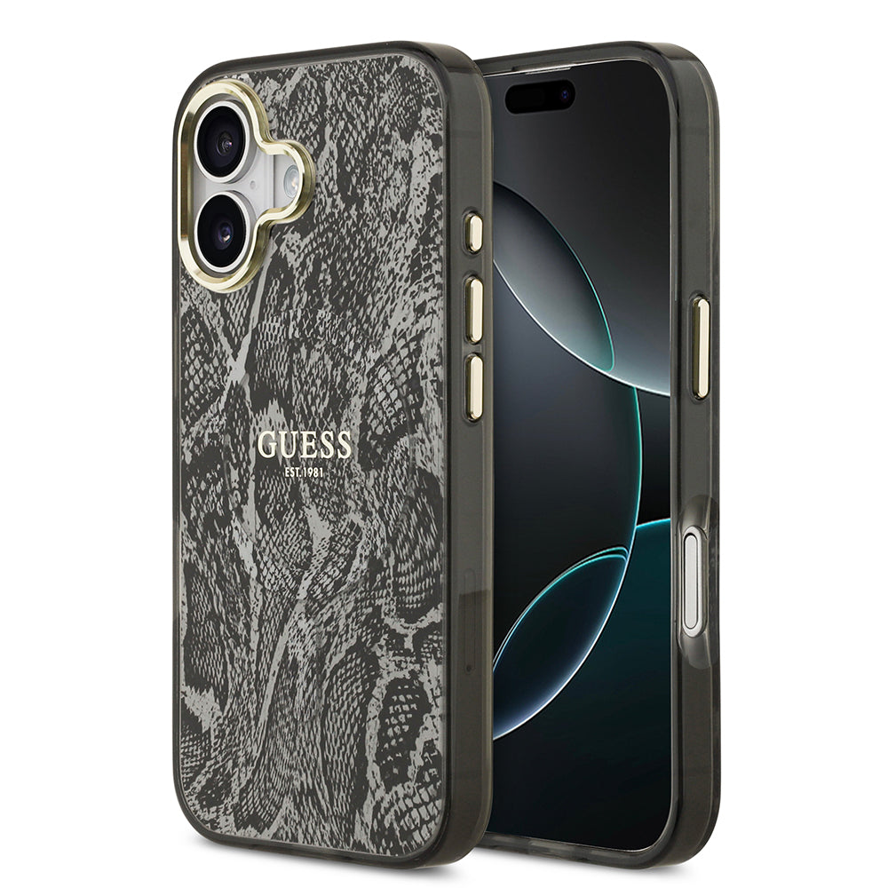 Apple iPhone 17 Kılıf Guess M-safe Şarj Özellikli Yazı Logolu Python Yılan Desenli Kapak Siyah