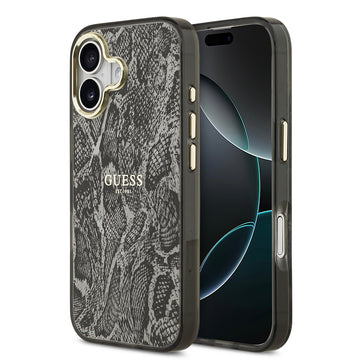 Apple iPhone 17 Kılıf Guess M-safe Şarj Özellikli Yazı Logolu Python Yılan Desenli Kapak Siyah