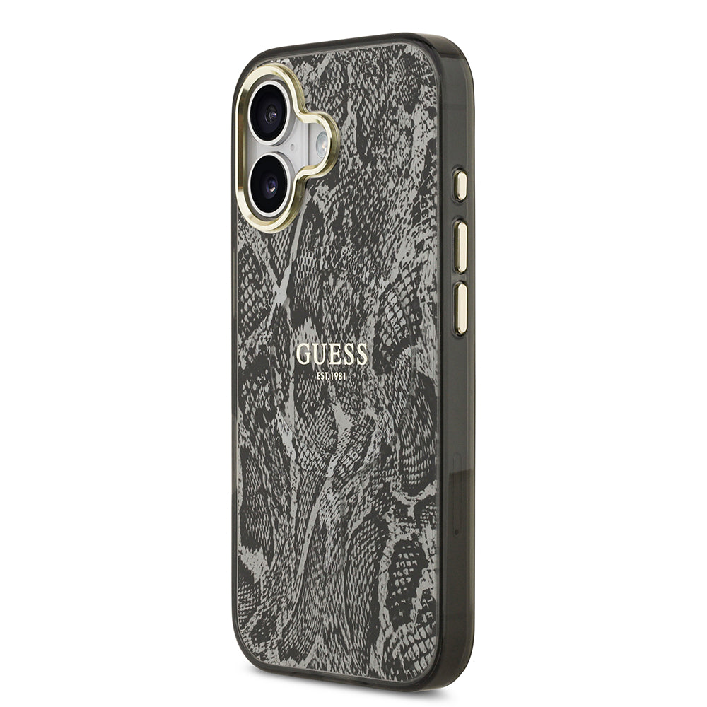 Apple iPhone 17 Kılıf Guess M-safe Şarj Özellikli Yazı Logolu Python Yılan Desenli Kapak Siyah