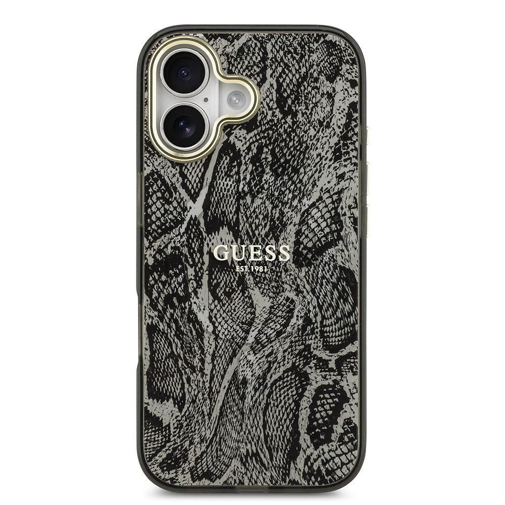 Apple iPhone 17 Kılıf Guess M-safe Şarj Özellikli Yazı Logolu Python Yılan Desenli Kapak Siyah