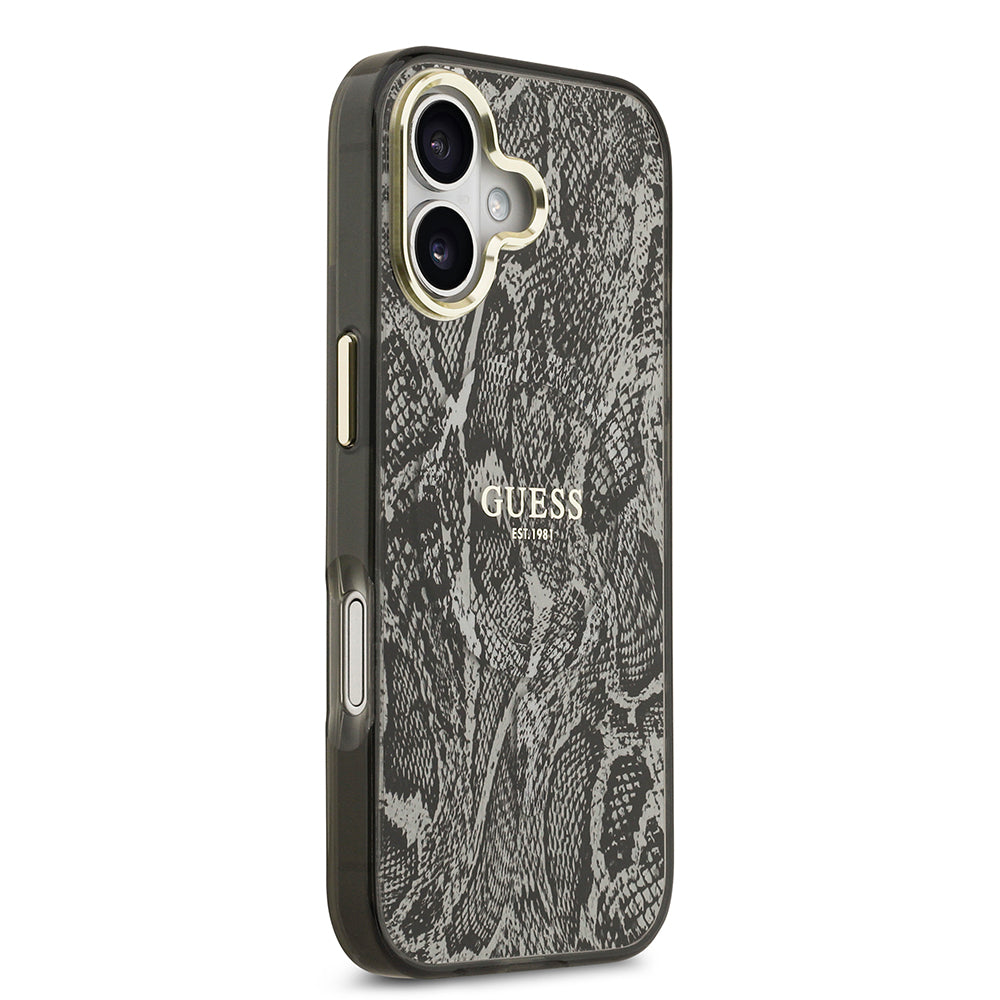 Apple iPhone 17 Kılıf Guess M-safe Şarj Özellikli Yazı Logolu Python Yılan Desenli Kapak Siyah