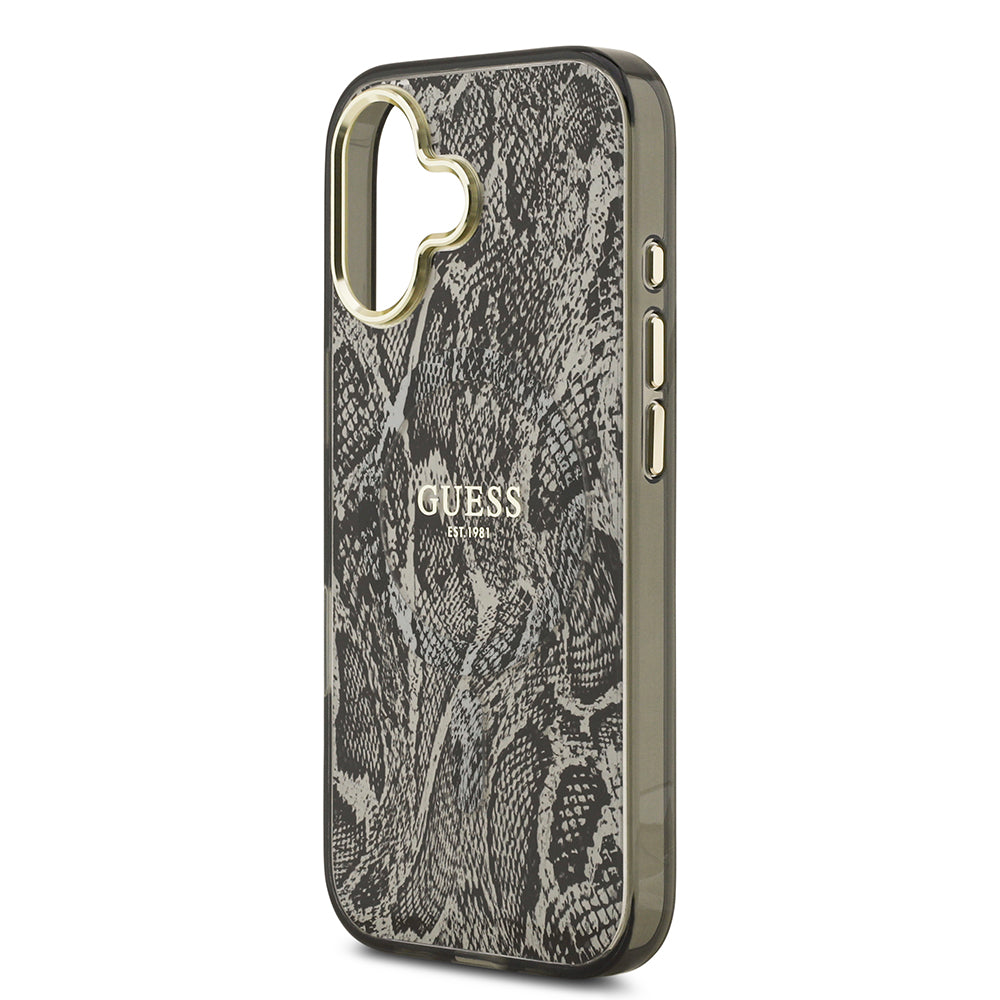 Apple iPhone 17 Kılıf Guess M-safe Şarj Özellikli Yazı Logolu Python Yılan Desenli Kapak Siyah