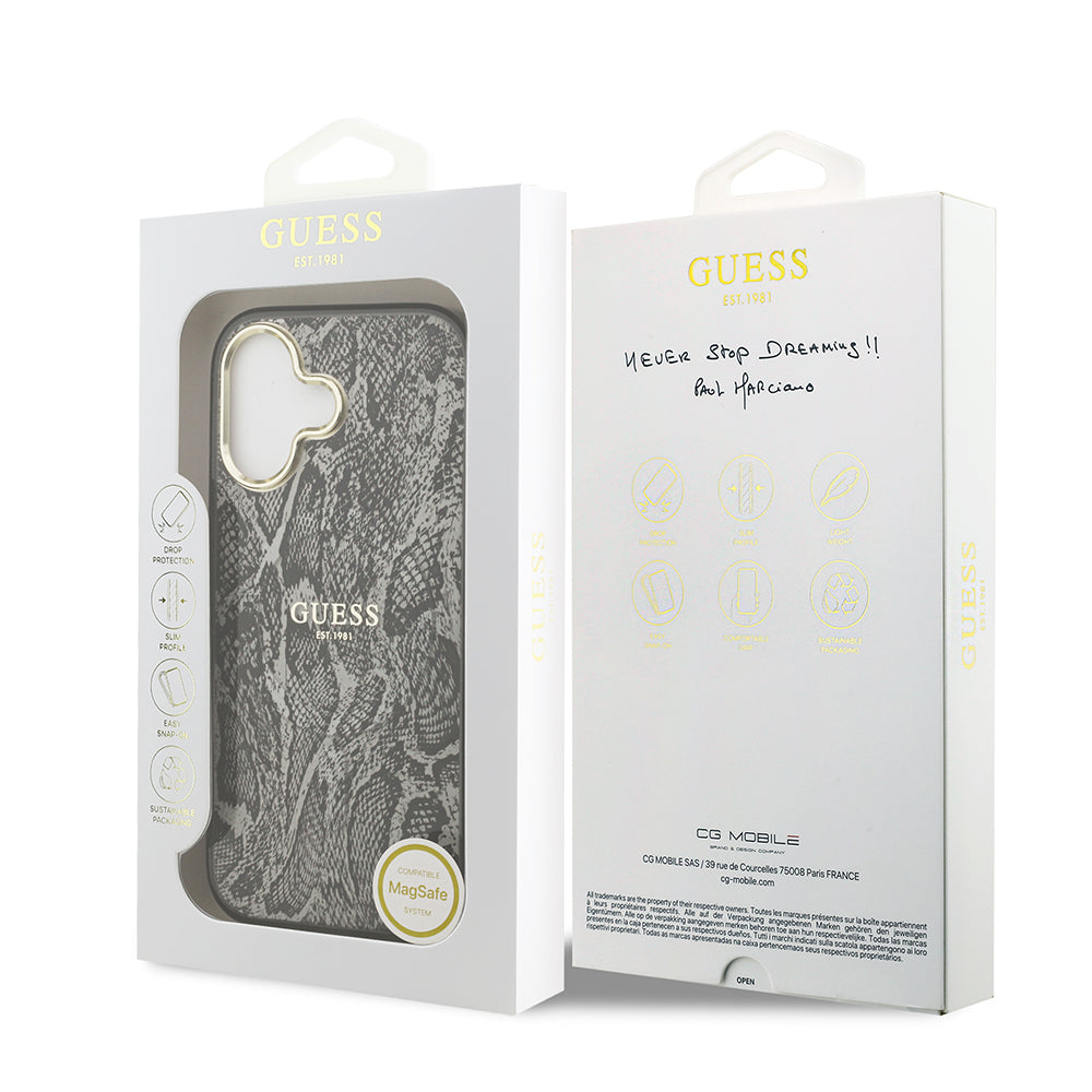 Apple iPhone 17 Kılıf Guess M-safe Şarj Özellikli Yazı Logolu Python Yılan Desenli Kapak Siyah
