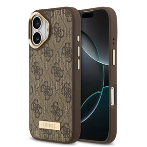 Apple iPhone 17 Kılıf Guess Magsafe Şarj Özellikli 4G Desenli PU Metal Plaka Klasik Logolu Kapak kahverengi
