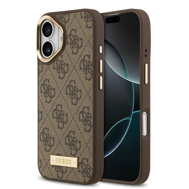 Apple iPhone 17 Kılıf Guess Magsafe Şarj Özellikli 4G Desenli PU Metal Plaka Klasik Logolu Kapak kahverengi