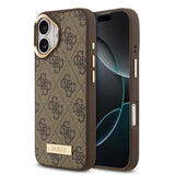 Apple iPhone 17 Kılıf Guess Magsafe Şarj Özellikli 4G Desenli PU Metal Plaka Klasik Logolu Kapak kahverengi