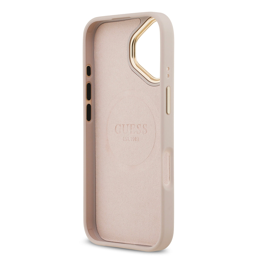 Apple iPhone 17 Kılıf Guess Magsafe Şarj Özellikli 4G Desenli PU Metal Plaka Klasik Logolu Kapak Pembe