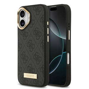 Apple iPhone 17 Kılıf Guess Magsafe Şarj Özellikli 4G Desenli PU Metal Plaka Klasik Logolu Kapak Siyah