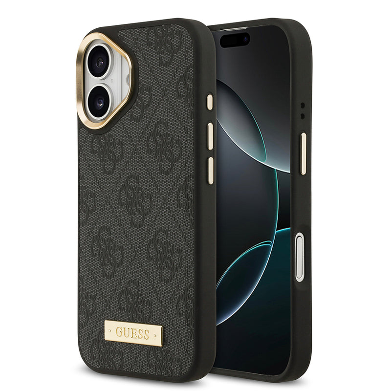 Apple iPhone 17 Kılıf Guess Magsafe Şarj Özellikli 4G Desenli PU Metal Plaka Klasik Logolu Kapak Siyah