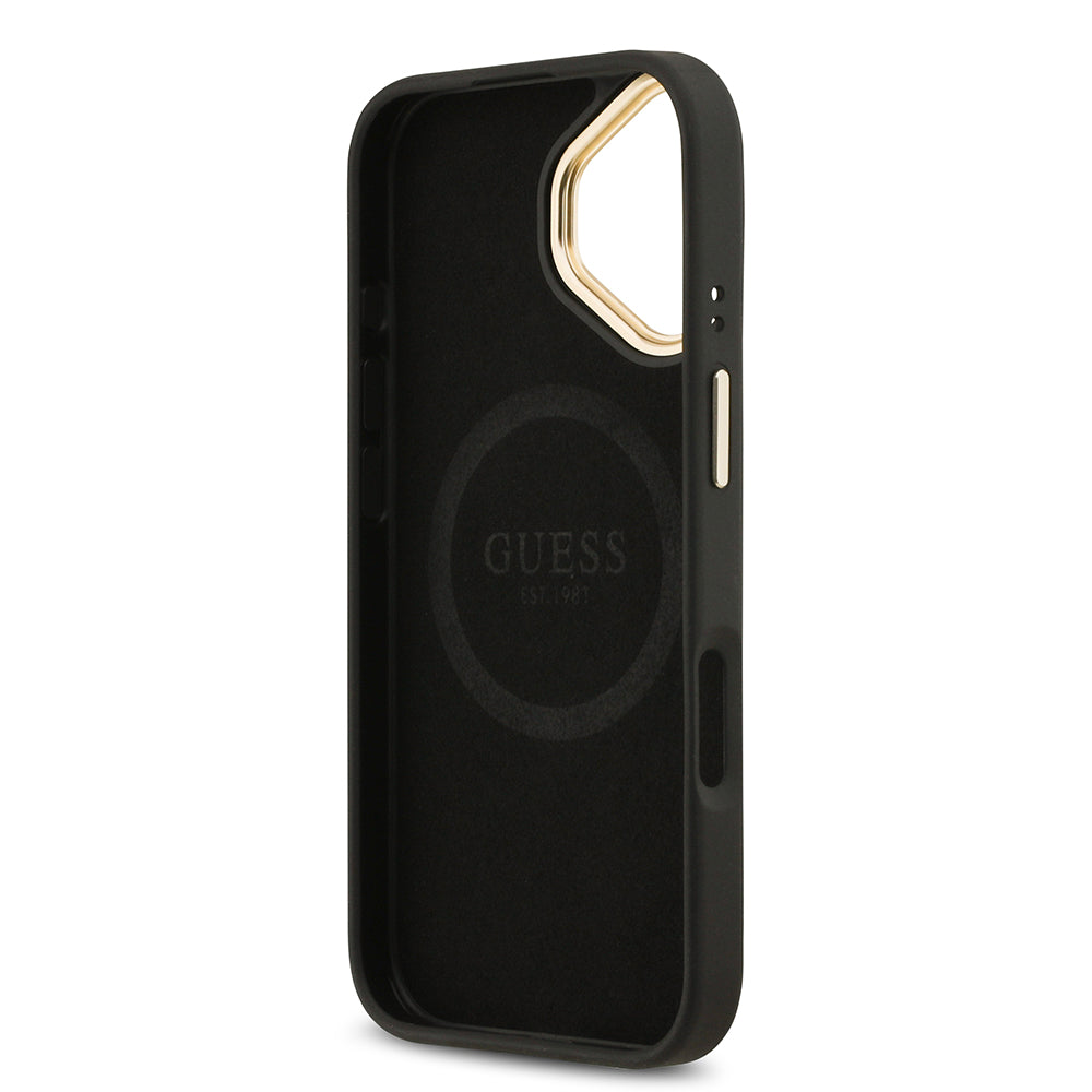 Apple iPhone 17 Kılıf Guess Magsafe Şarj Özellikli 4G Desenli PU Metal Plaka Klasik Logolu Kapak Siyah