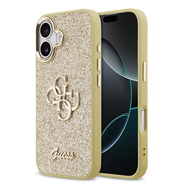 Apple iPhone 17 Kılıf Guess Metal Kamera Çerçeveli 4G Büyük Logolu Glitter Kapak Gold