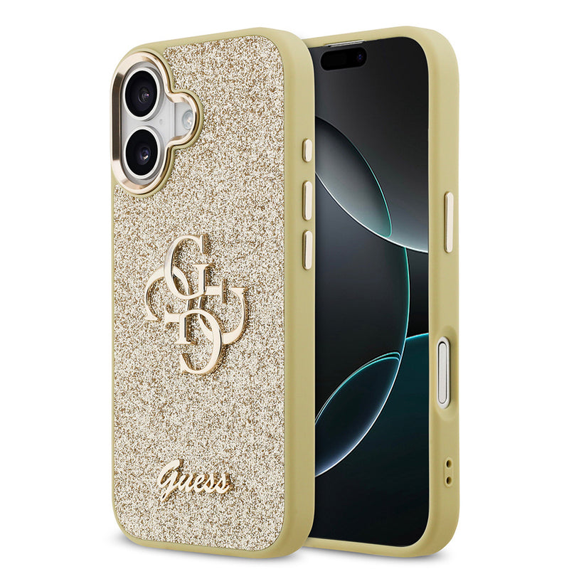 Apple iPhone 17 Kılıf Guess Metal Kamera Çerçeveli 4G Büyük Logolu Glitter Kapak Gold