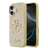 Apple iPhone 17 Kılıf Guess Metal Kamera Çerçeveli 4G Büyük Logolu Glitter Kapak Gold