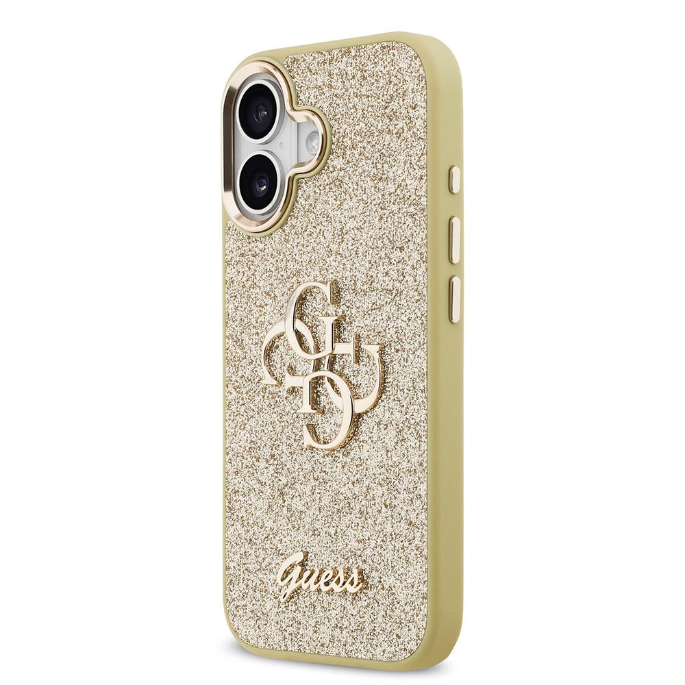Apple iPhone 17 Kılıf Guess Metal Kamera Çerçeveli 4G Büyük Logolu Glitter Kapak Gold