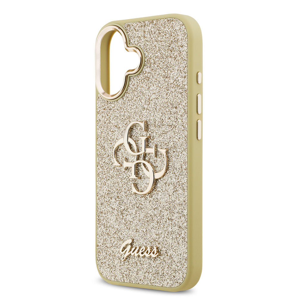 Apple iPhone 17 Kılıf Guess Metal Kamera Çerçeveli 4G Büyük Logolu Glitter Kapak Gold