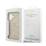 Apple iPhone 17 Kılıf Guess Metal Kamera Çerçeveli 4G Büyük Logolu Glitter Kapak Gold