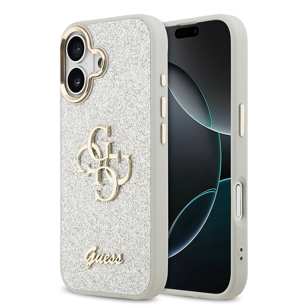 Apple iPhone 17 Kılıf Guess Metal Kamera Çerçeveli 4G Büyük Logolu Glitter Kapak Gri