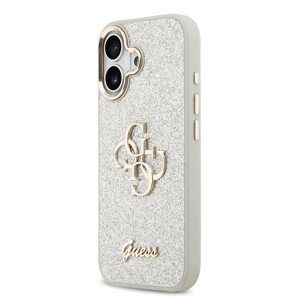 Apple iPhone 17 Kılıf Guess Metal Kamera Çerçeveli 4G Büyük Logolu Glitter Kapak Gri