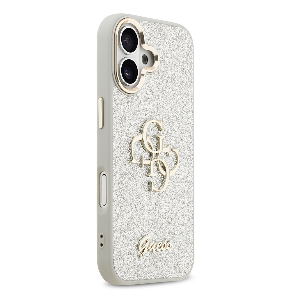 Apple iPhone 17 Kılıf Guess Metal Kamera Çerçeveli 4G Büyük Logolu Glitter Kapak Gri