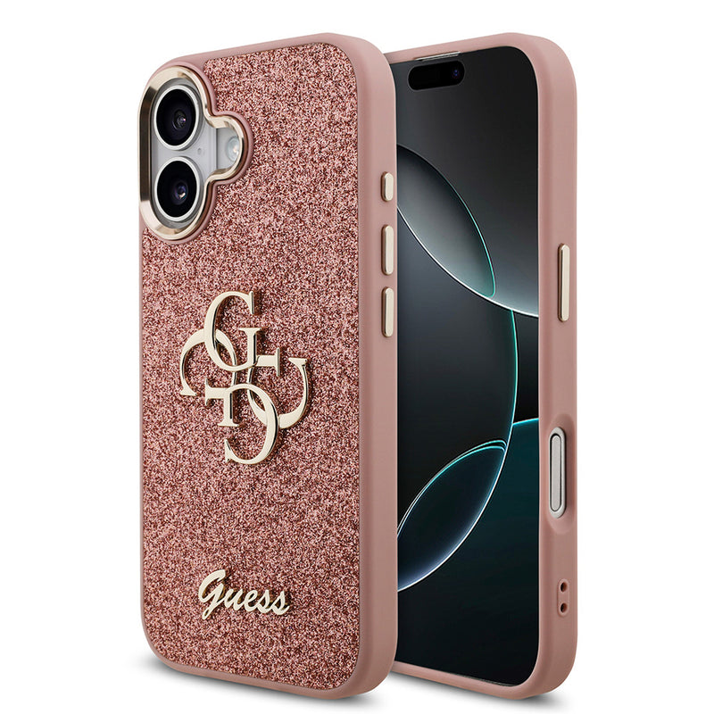 Apple iPhone 17 Kılıf Guess Metal Kamera Çerçeveli 4G Büyük Logolu Glitter Kapak Pembe