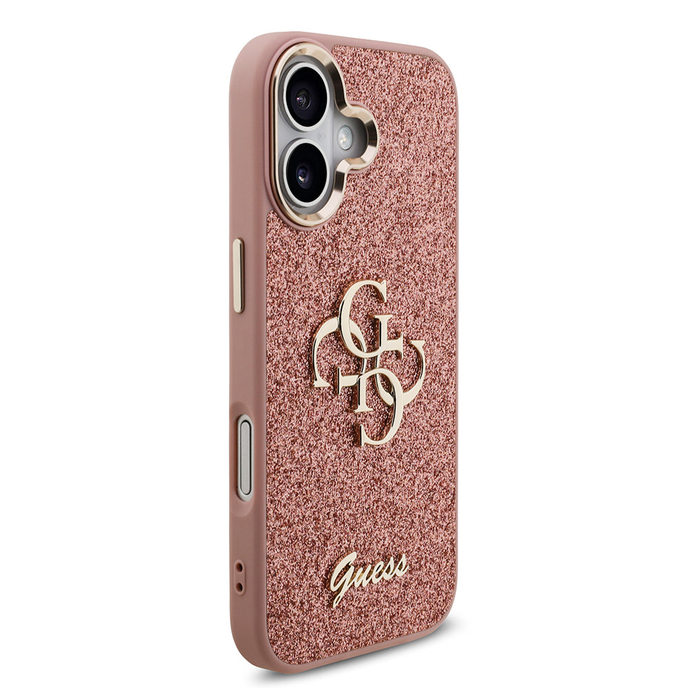 Apple iPhone 17 Kılıf Guess Metal Kamera Çerçeveli 4G Büyük Logolu Glitter Kapak Pembe