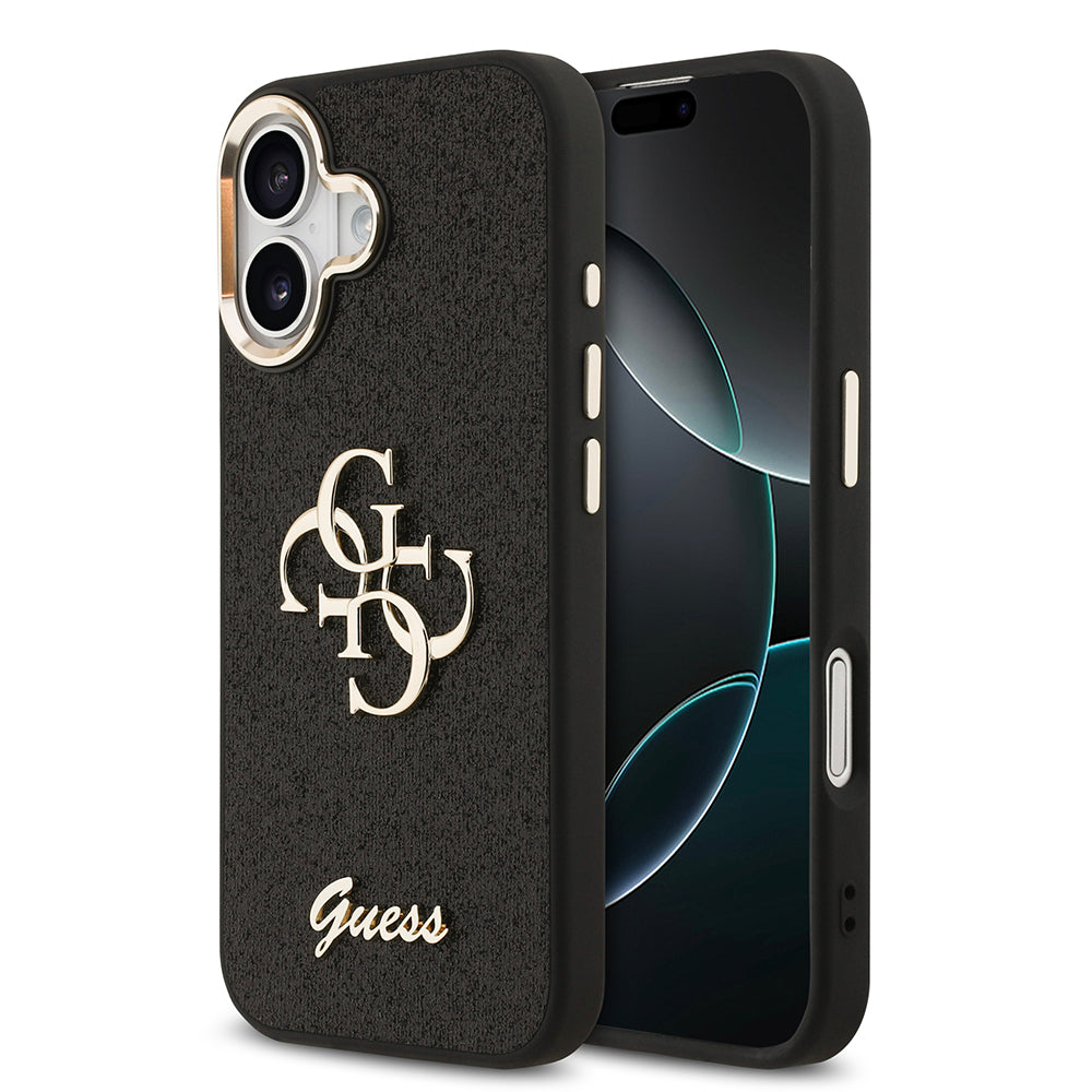 Apple iPhone 17 Kılıf Guess Metal Kamera Çerçeveli 4G Büyük Logolu Glitter Kapak Siyah