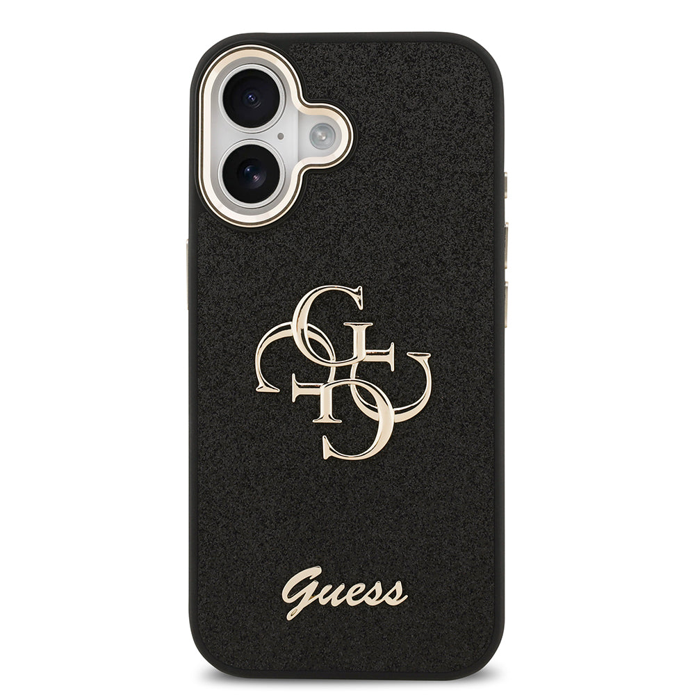 Apple iPhone 17 Kılıf Guess Metal Kamera Çerçeveli 4G Büyük Logolu Glitter Kapak Siyah