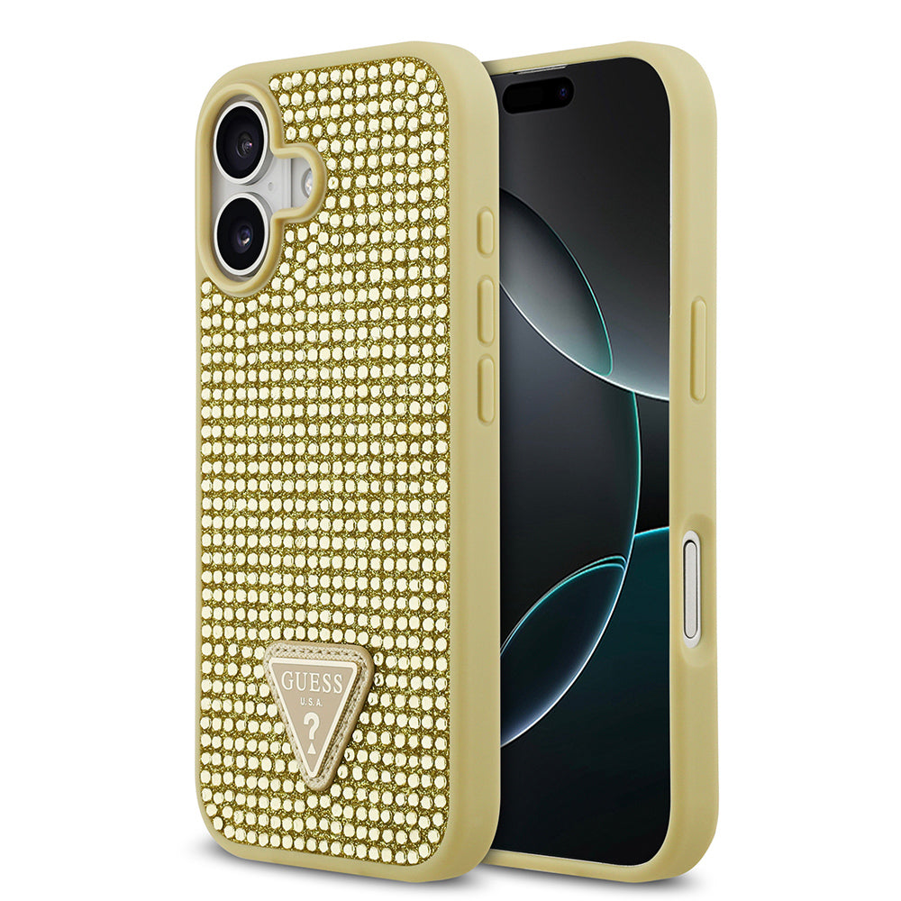 Apple iPhone 17 Kılıf Guess Rhinestone Taşlı Üçgen Logolu Kapak Gold