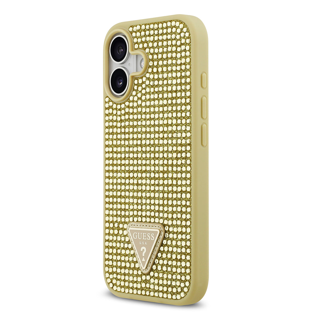 Apple iPhone 17 Kılıf Guess Rhinestone Taşlı Üçgen Logolu Kapak Gold