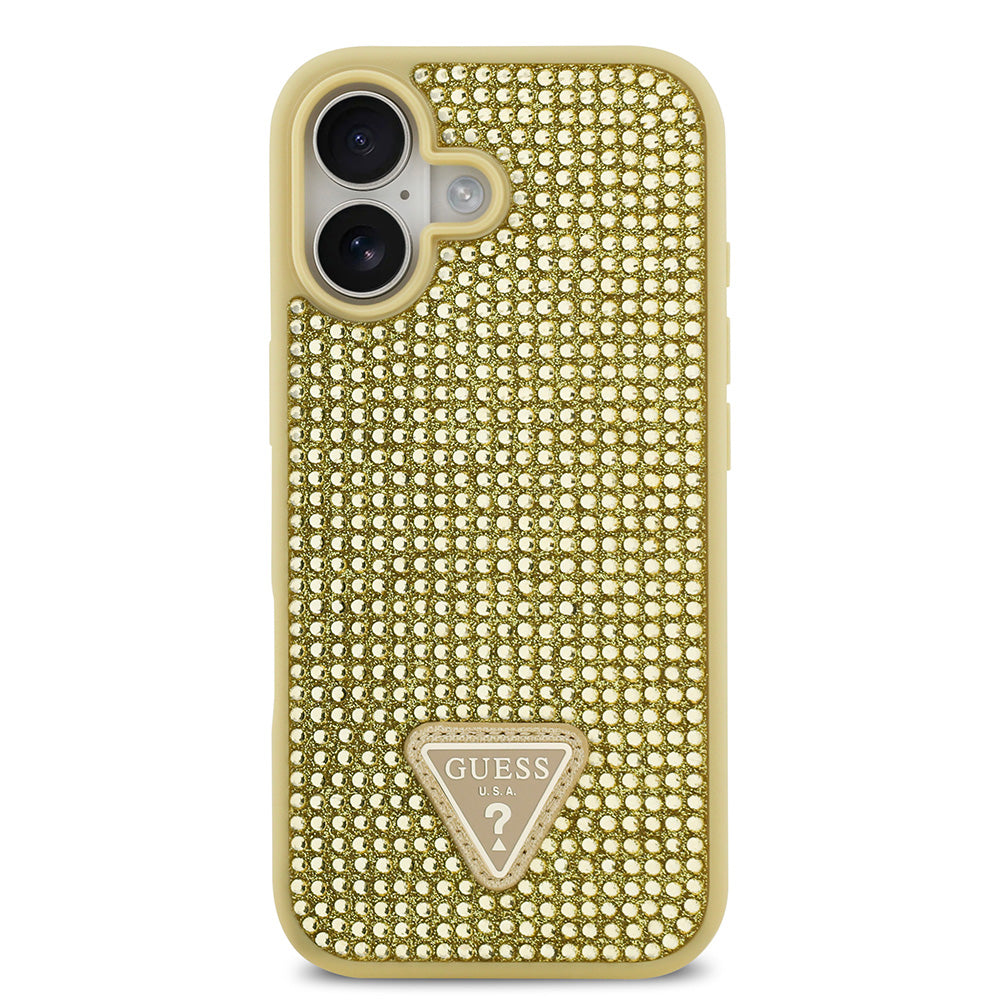 Apple iPhone 17 Kılıf Guess Rhinestone Taşlı Üçgen Logolu Kapak Gold
