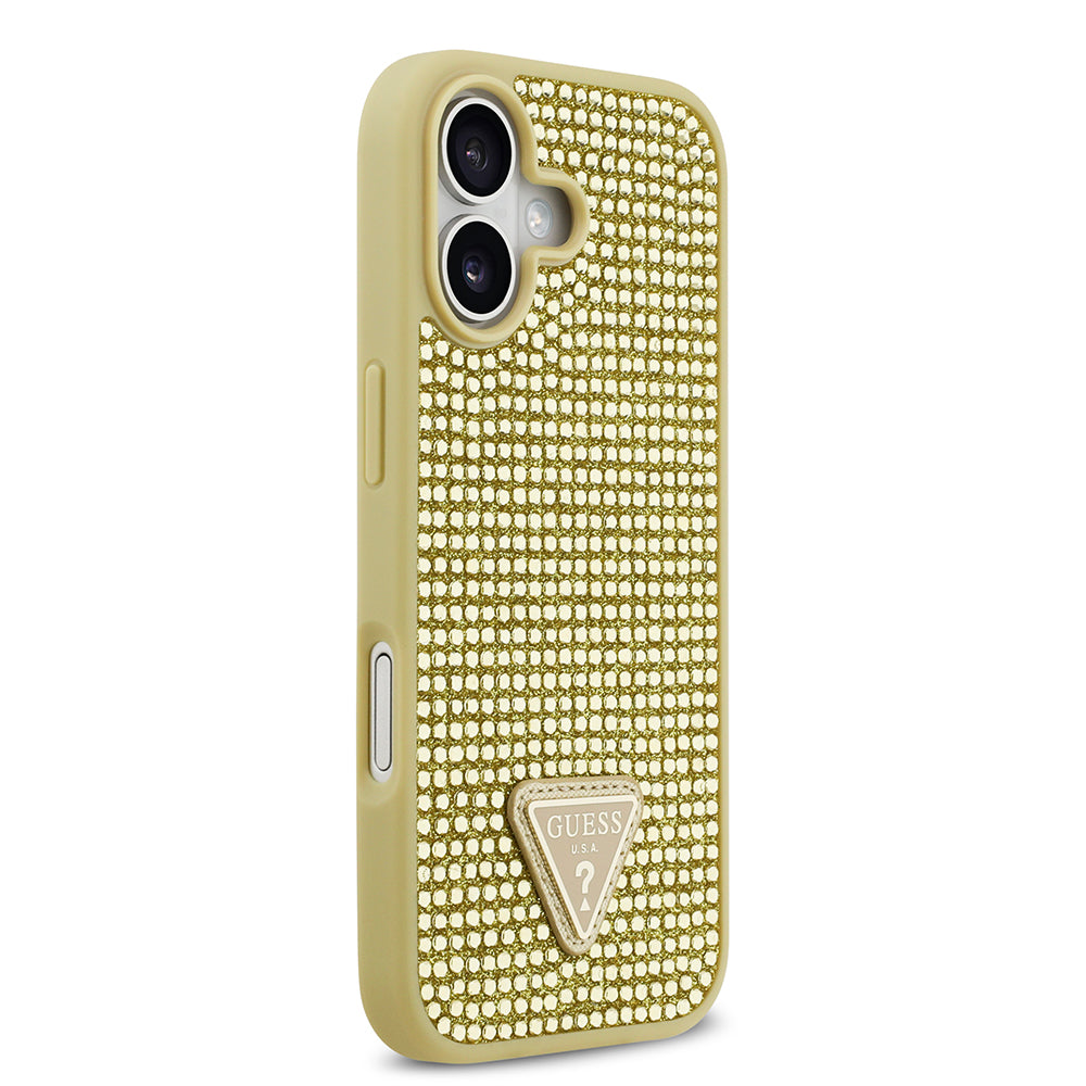 Apple iPhone 17 Kılıf Guess Rhinestone Taşlı Üçgen Logolu Kapak Gold