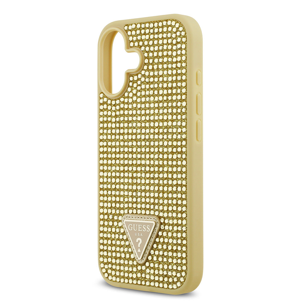 Apple iPhone 17 Kılıf Guess Rhinestone Taşlı Üçgen Logolu Kapak Gold