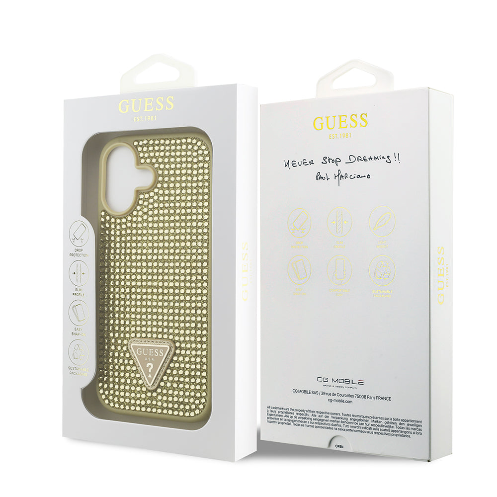 Apple iPhone 17 Kılıf Guess Rhinestone Taşlı Üçgen Logolu Kapak Gold