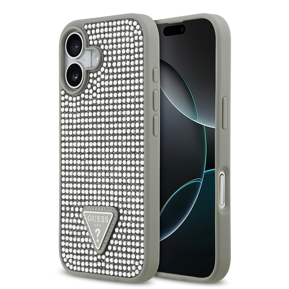 Apple iPhone 17 Kılıf Guess Rhinestone Taşlı Üçgen Logolu Kapak Gümüş