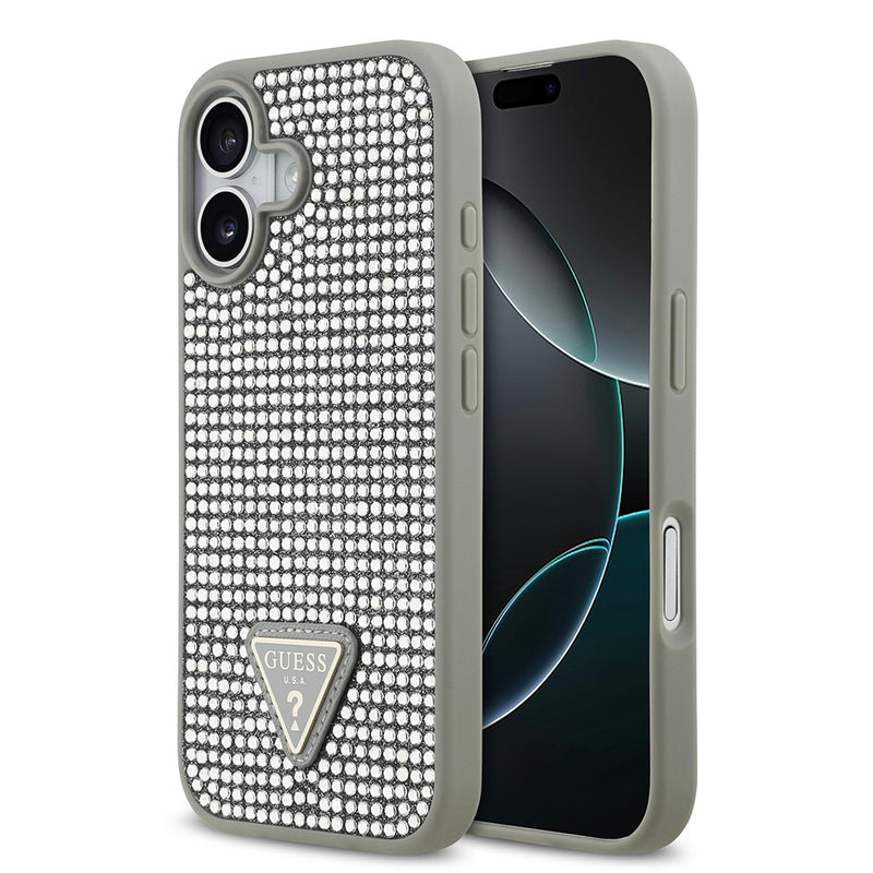 Apple iPhone 17 Kılıf Guess Rhinestone Taşlı Üçgen Logolu Kapak Gümüş