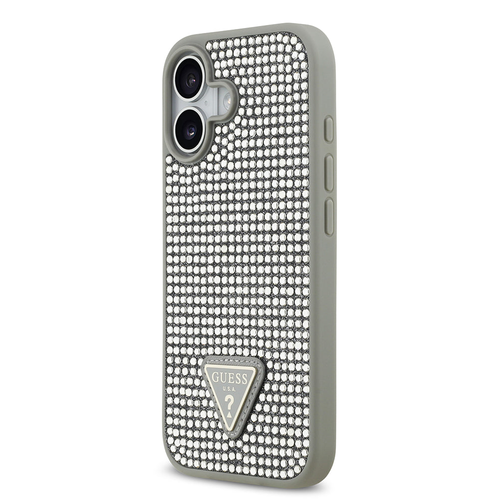 Apple iPhone 17 Kılıf Guess Rhinestone Taşlı Üçgen Logolu Kapak Gümüş