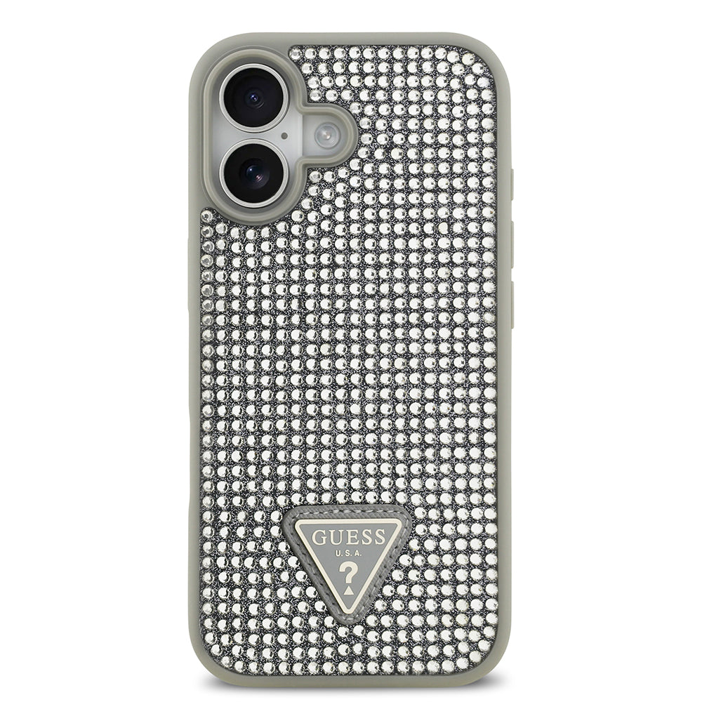 Apple iPhone 17 Kılıf Guess Rhinestone Taşlı Üçgen Logolu Kapak Gümüş
