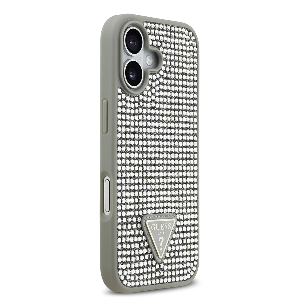 Apple iPhone 17 Kılıf Guess Rhinestone Taşlı Üçgen Logolu Kapak Gümüş