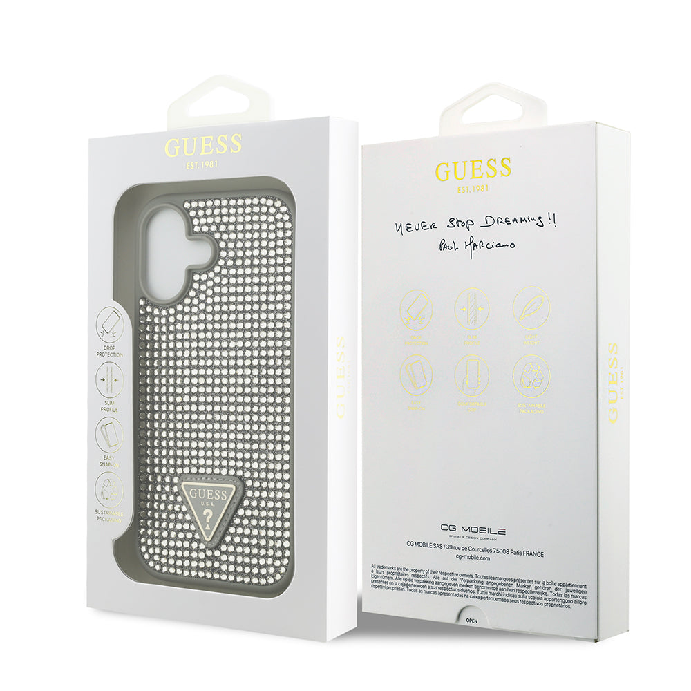 Apple iPhone 17 Kılıf Guess Rhinestone Taşlı Üçgen Logolu Kapak Gümüş