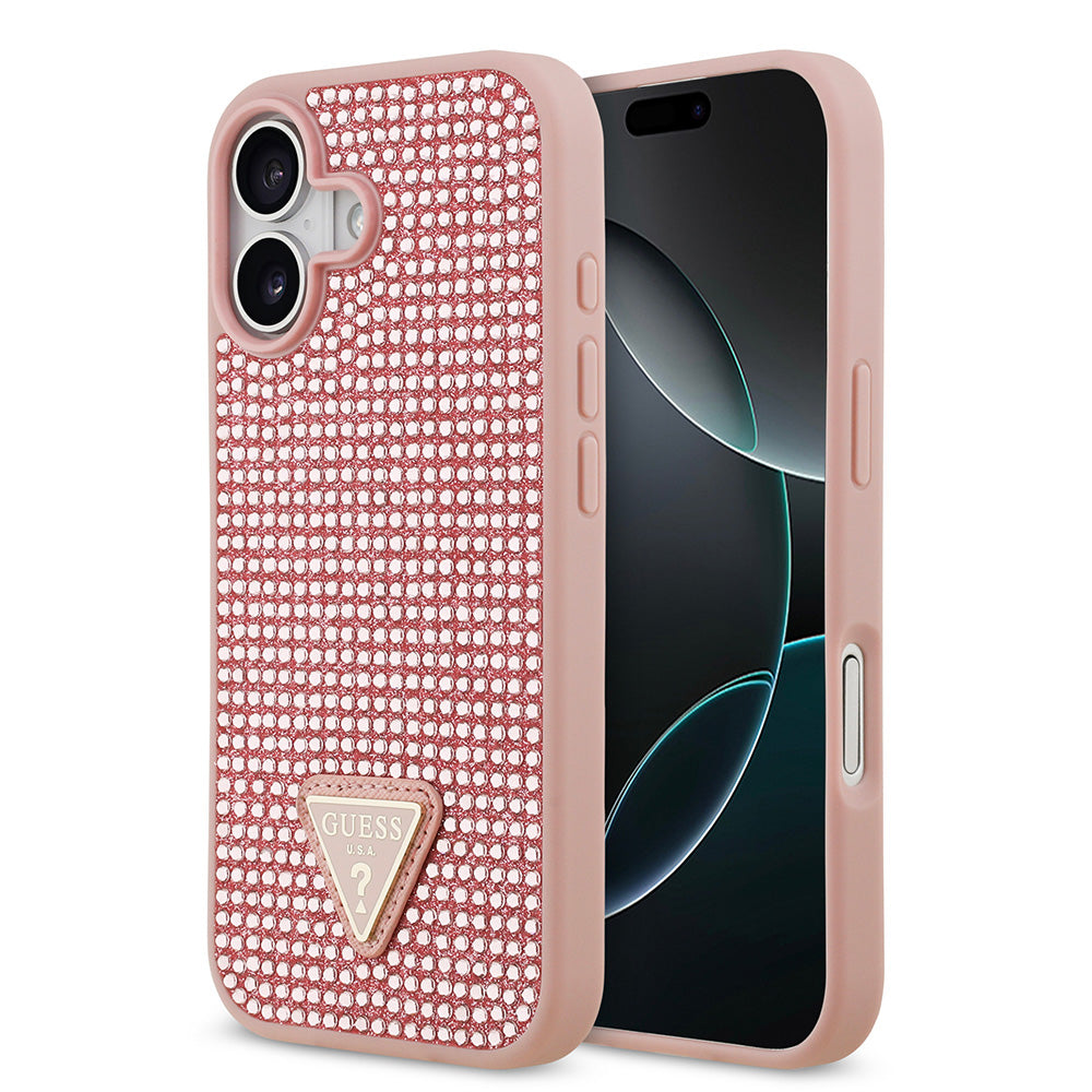 Apple iPhone 17 Kılıf Guess Rhinestone Taşlı Üçgen Logolu Kapak Pembe