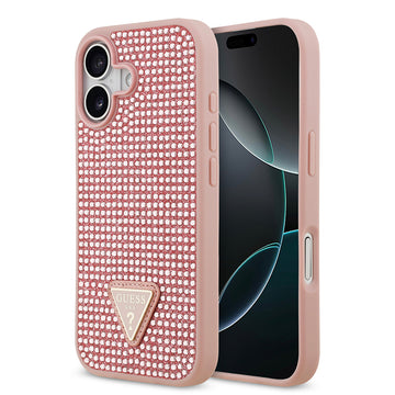 Apple iPhone 17 Kılıf Guess Rhinestone Taşlı Üçgen Logolu Kapak Pembe