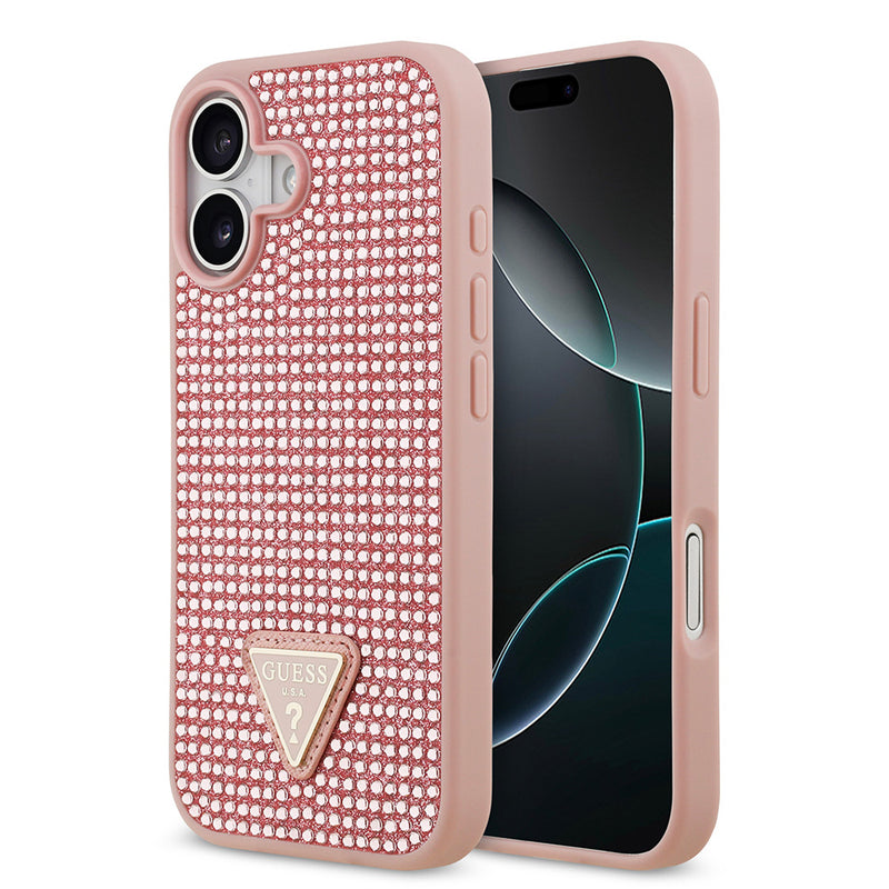 Apple iPhone 17 Kılıf Guess Rhinestone Taşlı Üçgen Logolu Kapak Pembe