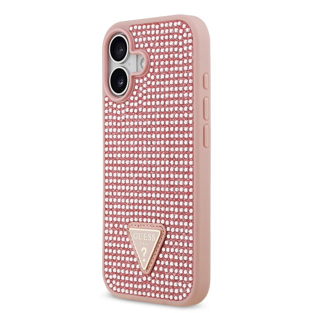Apple iPhone 17 Kılıf Guess Rhinestone Taşlı Üçgen Logolu Kapak Pembe
