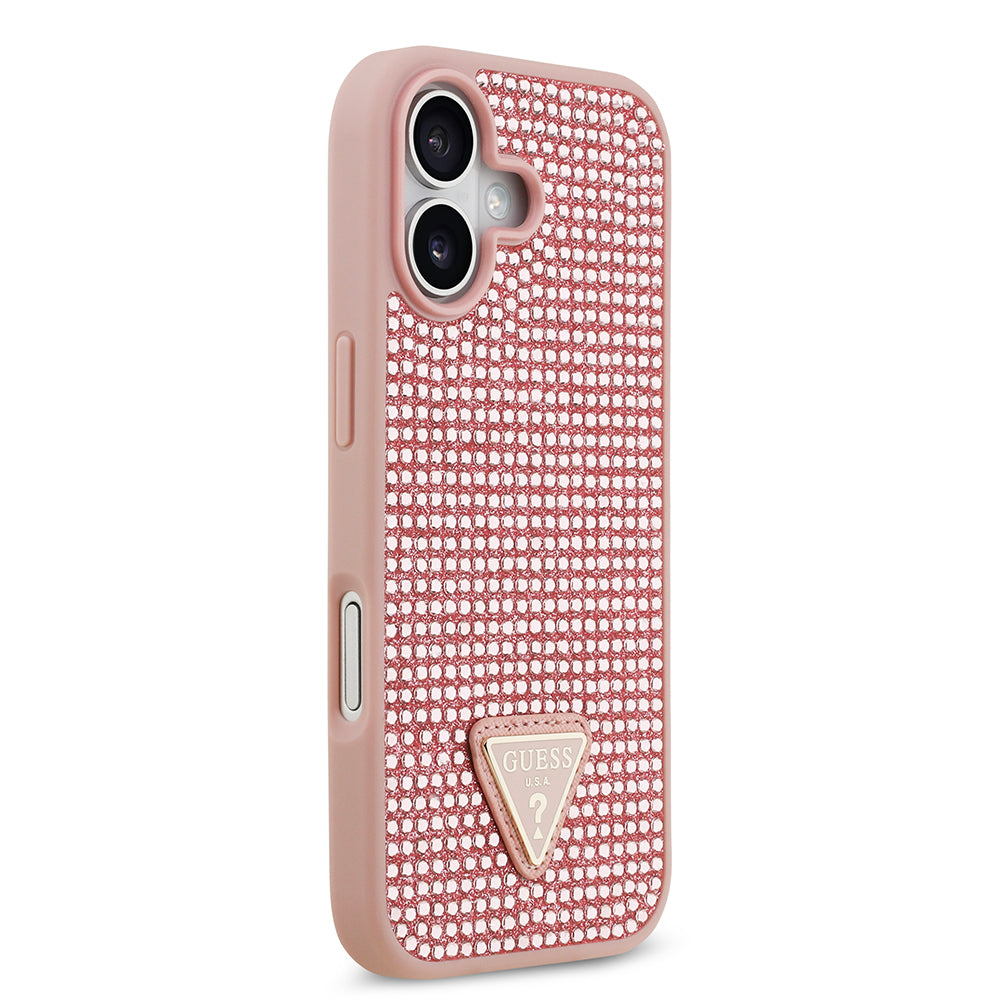 Apple iPhone 17 Kılıf Guess Rhinestone Taşlı Üçgen Logolu Kapak Pembe