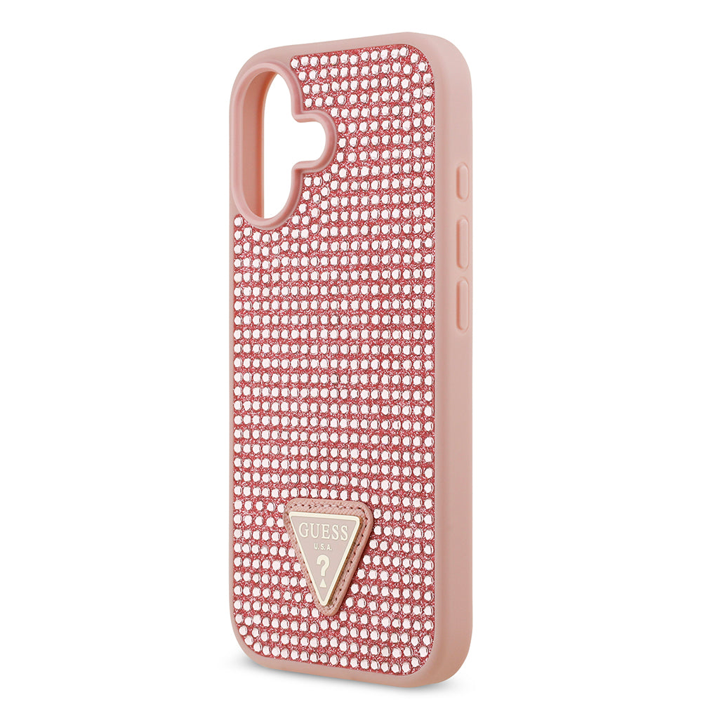 Apple iPhone 17 Kılıf Guess Rhinestone Taşlı Üçgen Logolu Kapak Pembe