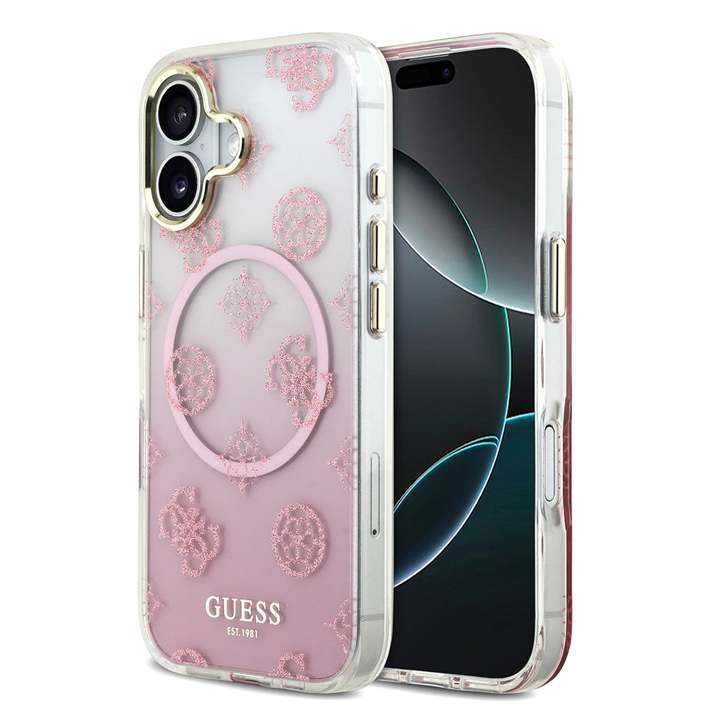 Apple iPhone 17 Kılıf Guess Simli Peony Desenli M-safe Şarj Özellikli Sert Silikon Kapak Pembe