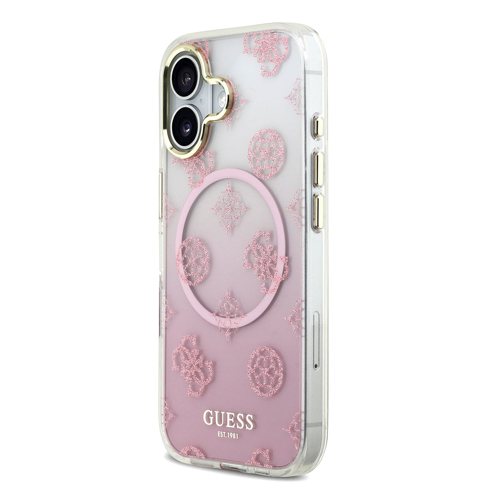 Apple iPhone 17 Kılıf Guess Simli Peony Desenli M-safe Şarj Özellikli Sert Silikon Kapak Pembe