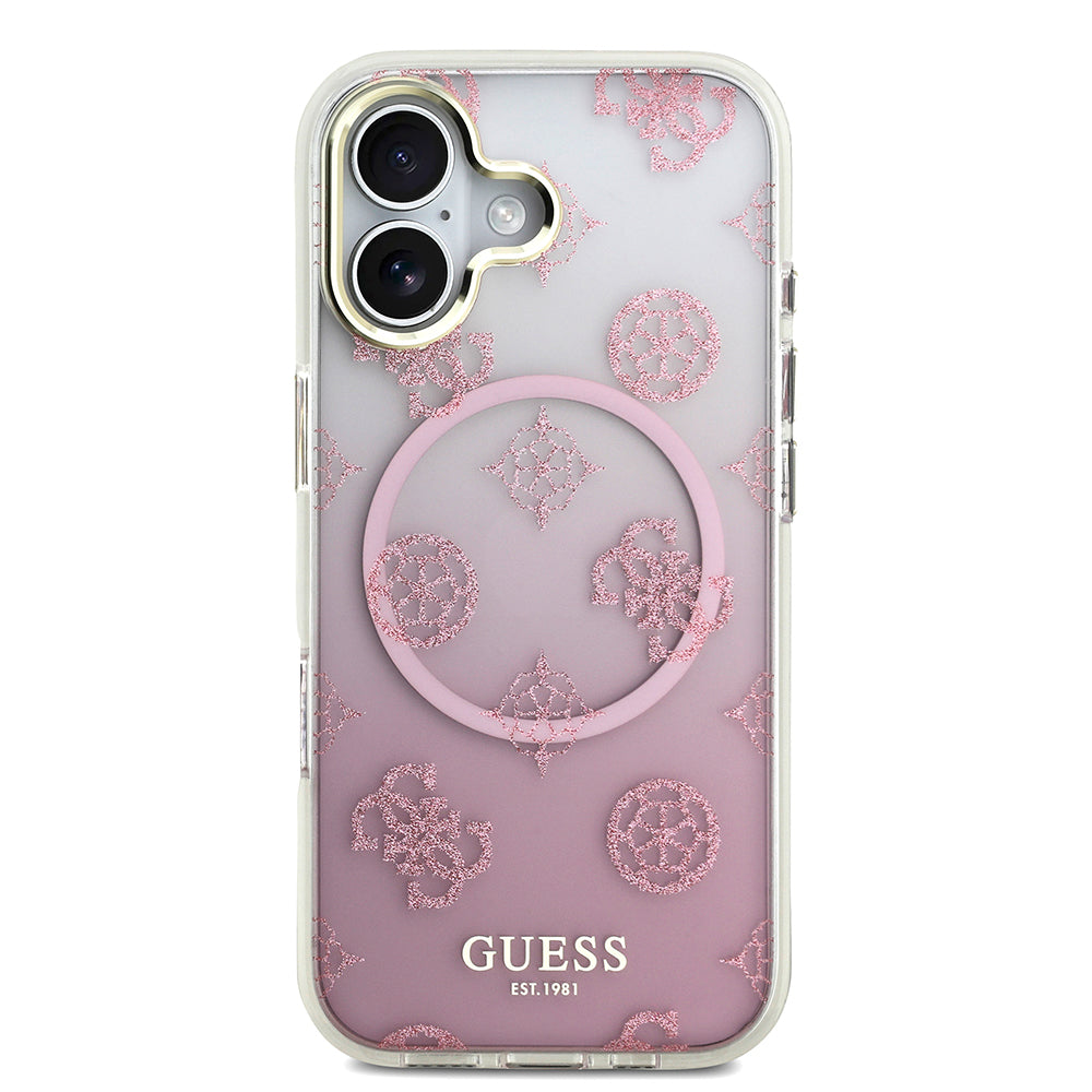 Apple iPhone 17 Kılıf Guess Simli Peony Desenli M-safe Şarj Özellikli Sert Silikon Kapak Pembe