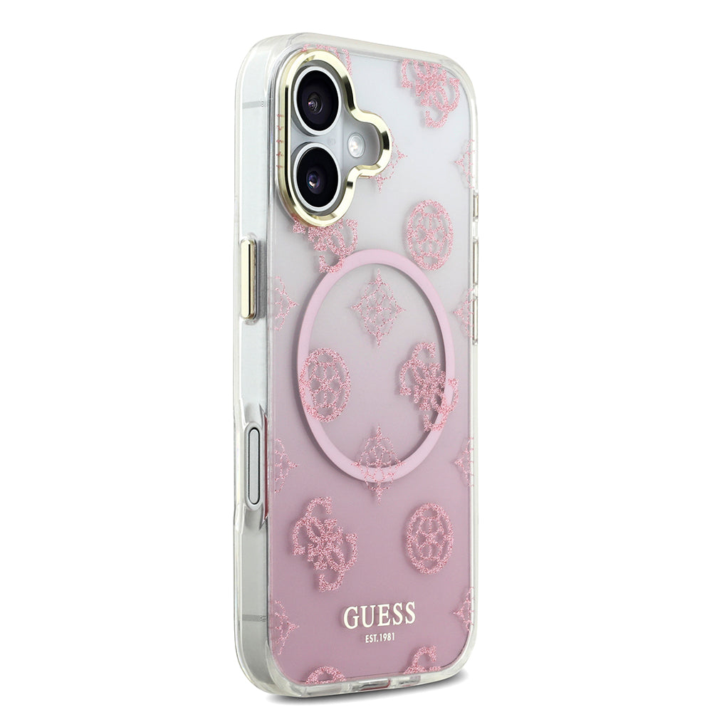 Apple iPhone 17 Kılıf Guess Simli Peony Desenli M-safe Şarj Özellikli Sert Silikon Kapak Pembe